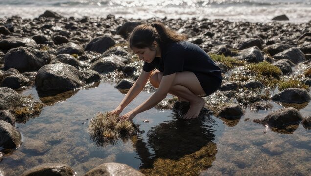 Woman exploring a tide pool on a rocky beach.