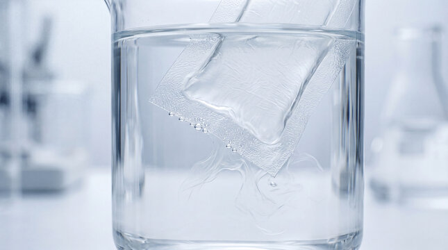 Delicate sachet begins its journey of dissolution within a pristine beaker of clear water