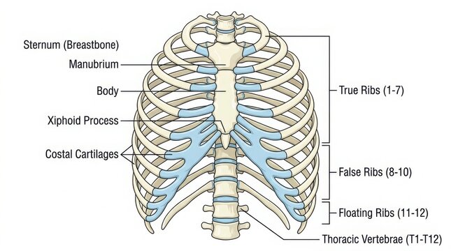 Anatomical diagram of the human rib cage and sternum illustration