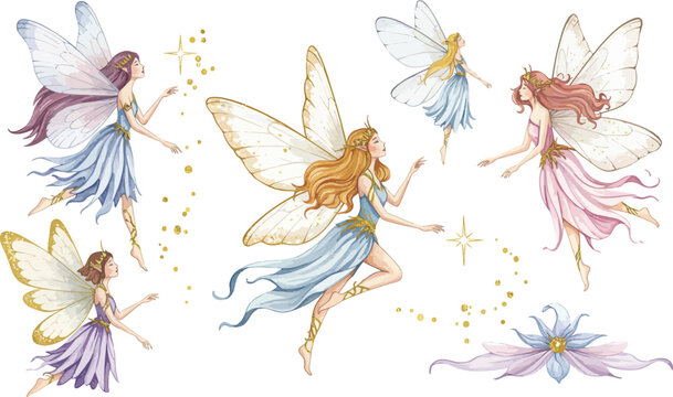A collection of beautiful watercolor fairy illustrations featuring delicate wings and magical poses isolated on a clean white background for design