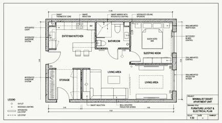 Minimalist apartment furniture layout and electrical plan with smart home features © Saharia