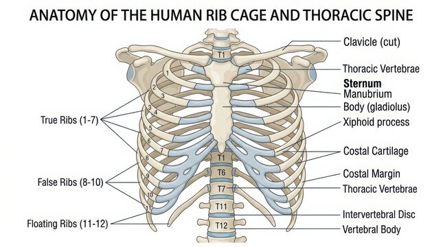 Anatomical diagram of human rib cage and thoracic spine illustration