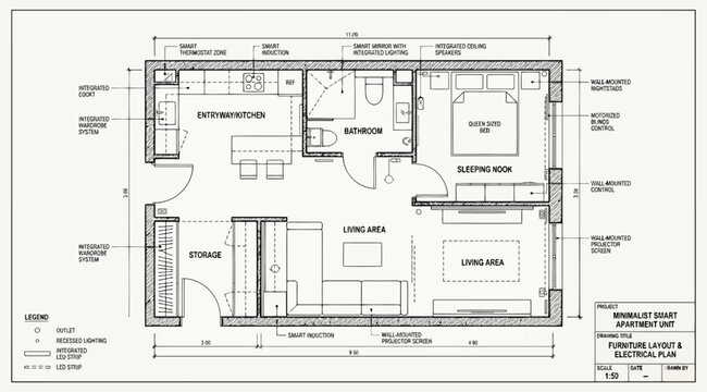 Minimalist apartment furniture layout and electrical plan with smart home features