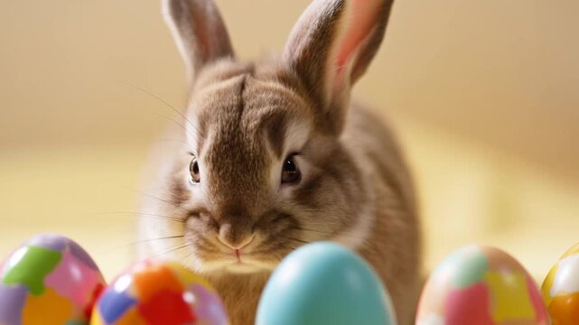 Static shot of rabbit sniffing and nudging colorful eggs on soft yellow tabletop in indoor studio closeup spring easter scene
