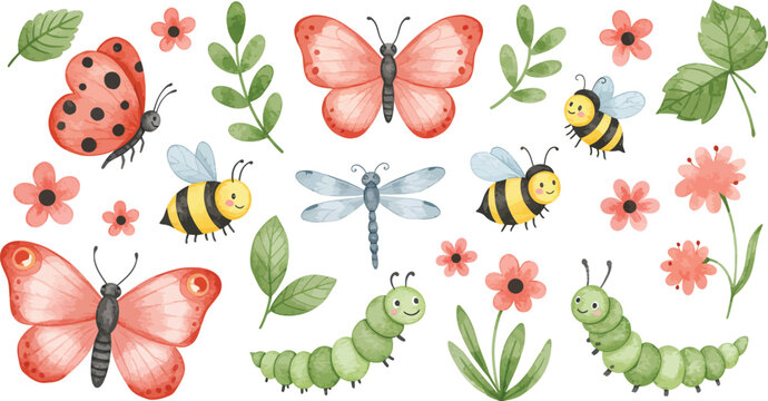 Watercolor illustration set featuring cute garden insects like butterflies bees ladybugs and caterpillars with spring flowers and green leaves on white