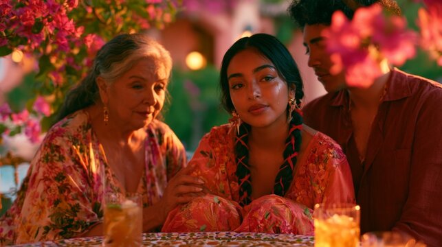 Three people sit together at a colorful outdoor table. Flowers bloom around them in warm tones. The woman looks thoughtful while the others seem relaxed and happy