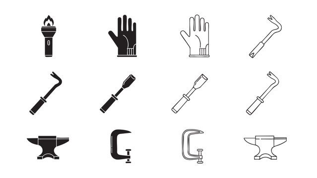 torch, glove, crowbar, chisel, and anvil icon pack in glyph