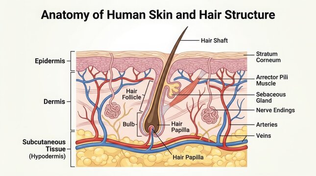 Anatomy diagram of human skin and hair follicle structure illustration