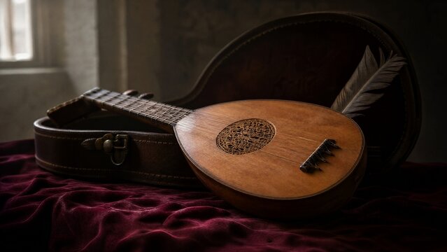 lute. Medieval lute resting on velvet cloth with a feather tucked in its case. event programs, museum guides, designed for cultural heritage projects and event programs, supports education.