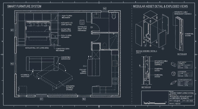 Smart furniture system architectural plan with modular asset details and exploded views