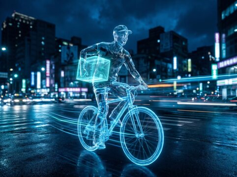 Digital cyclist delivering package on bike in futuristic city at night, illuminated by blue light trails and urban glow.