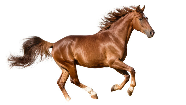 Isolated magnificent powerful chestnut horse running at a fast gallop with flowing mane and tail