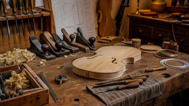 chisels. Wooden workbench with tools and an unfinished violin body. tutorial guides, club newsletters, workshop flyers, designed for tourism and weekend activity guides, used by photographers.