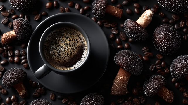 Dark coffee beverage sits surrounded by speckled fungi and roasted beans on a black surface