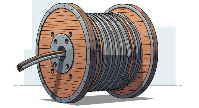 Wooden cable spool with electrical wire.