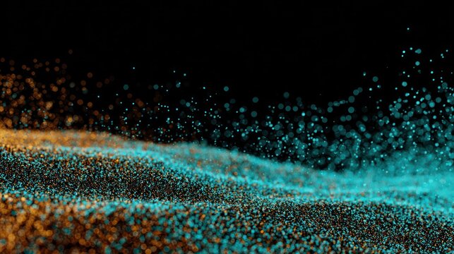 Glowing particulate matter forms undulating waves against a dark background