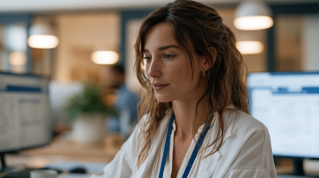 claims processing AI exception review queue open on a coder's workstation where a compliance auditor examines denial reason codes, healthcare revenue cycle department, autumn