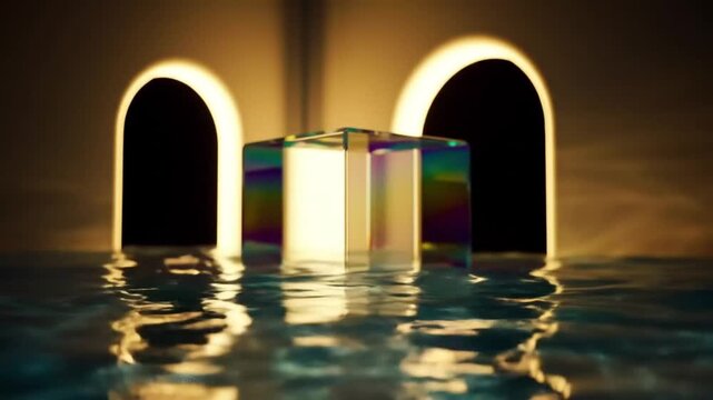 Iridescent glass cube floating on rippling water surface in a minimalist room with glowing golden archways