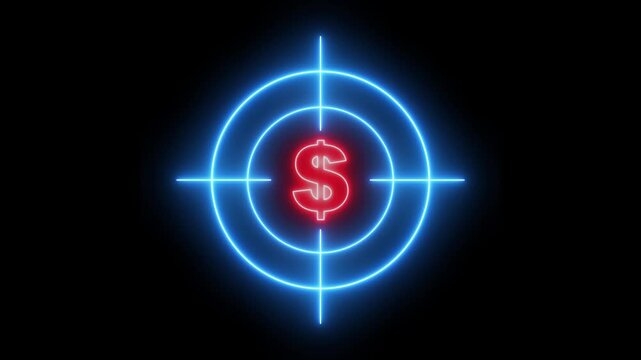 Glowing neon target dollar icon animation. Military training concept target dollar, Military target icon animation on black background. Business and finance conceptual neon light dollar icon animation