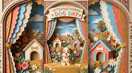 Fototapeta premium International Dog Day theater diorama wide banner with miniature dog village festival stage with decorative curtains