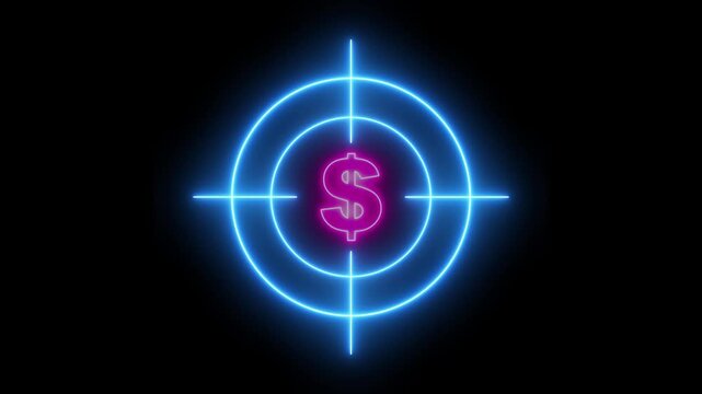 Glowing neon target dollar icon animation. Military training concept target dollar, Military target icon animation on black background. Business and finance conceptual neon light dollar icon animation