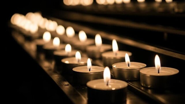 A row of lit tea light candles creating a warm and peaceful atmosphere