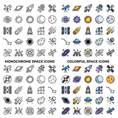 Astronomy and space exploration linear icon set in color and outline © wowok