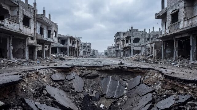 Wrecked buildings stand empty along a cracked street. Deep sinkhole disrupts the broken pavement. Shattered bricks and rubble fill the surrounding area. This footage shows war's destruction in cities