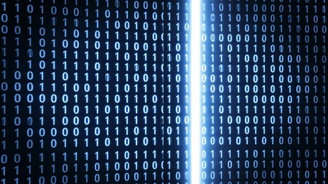 Digital binary code sequence transitions from left to right, illuminated by a bright light beam, creating a futuristic atmosphere in a dark setting