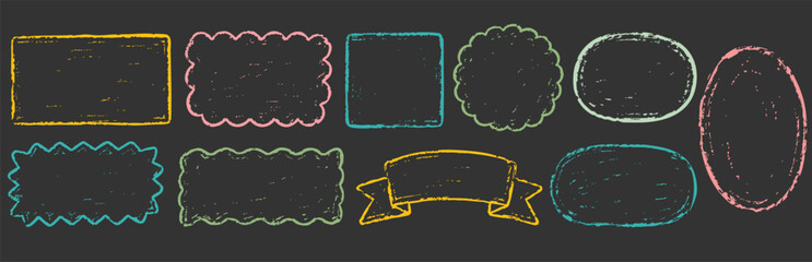 Set of handdrawn chalk frames and banners on a dark chalkboard background © Zbrake Studio