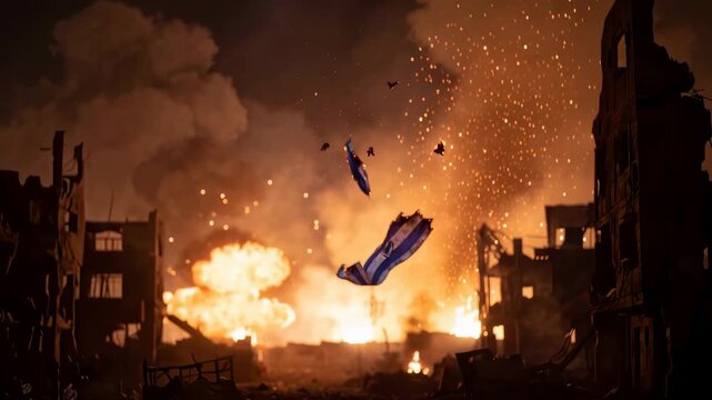 Torn Israeli flag explodes against burning ruins