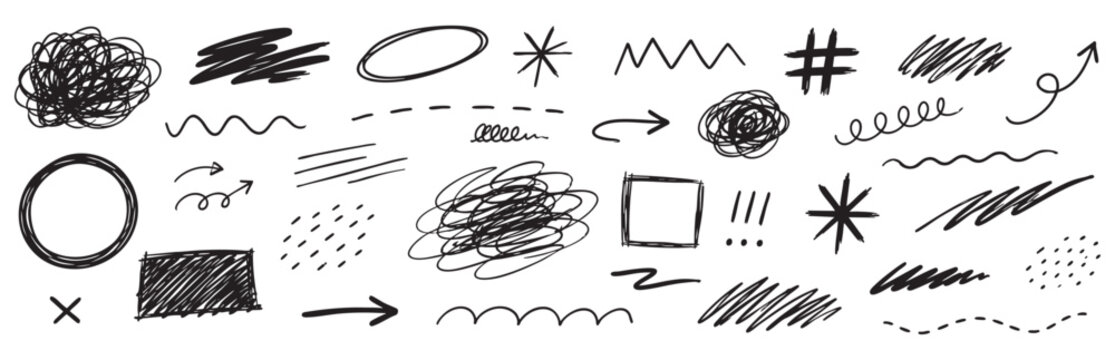 Hand drawn scribble elements, doodle shapes, arrows, circles, lines, and frames isolated on white background