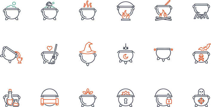 Cute witch cauldron icons set