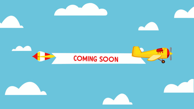 Yellow airplane towing a banner flat vector illustration with blue background