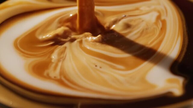 Creamy milk is poured into a dark coffee cup, creating swirling patterns of brown and white liquid, showcasing the blending process in a close-up view