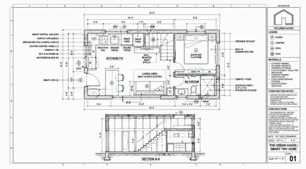 Fototapeta premium Detailed architectural floor plan and section view of a small residential studio apartment