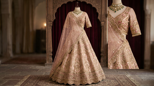 Elegant Pink Bridal Lehenga Choli with Intricate Gold Embroidery and Dupatta on Mannequin for Indian Wedding and Festive Fashion
