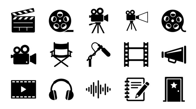 Professional cinema and movie production icons set including camera film reel clapperboard microphone and director chair art