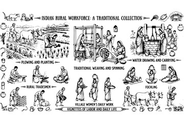 Obraz premium Traditional Indian People Daily Life Illustration Collection