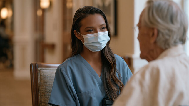 fall risk detection system alert triggering on a nursing home caregiver's pager while she assists another resident, memory care unit hallway, Alzheimer's care environment,