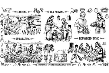Fototapeta premium Countryside India Daily Life Line Art Design Set
