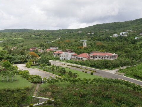 Aerial view of the ruins of the defunct La Fiesta Mall in San Roque, Saipan, Northern Mariana Islands.