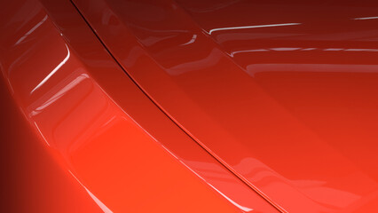 Close-up of a glossy red car hood with smooth curves and reflections, 3D render. Abstract concept of a modern sports car body panel with copy space, perfect for an automotive cover or background
