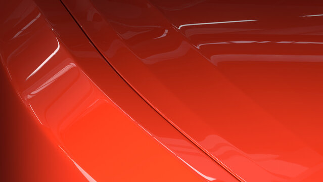 Close-up of a glossy red car hood with smooth curves and reflections, 3D render. Abstract concept of a modern sports car body panel with copy space, perfect for an automotive cover or background