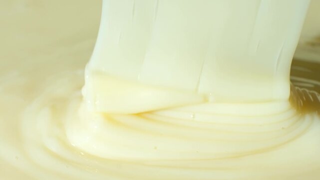 Slow motion pour of sweet condensed milk creating creamy layers.