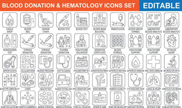 Editable blood donation and hematology icons set