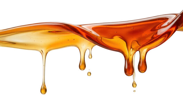 Golden honey or maple syrup pouring and dripping isolated on transparent background
