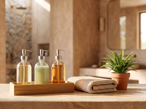 Eco lodge bathroom amenities with blank bottles with copy space at top