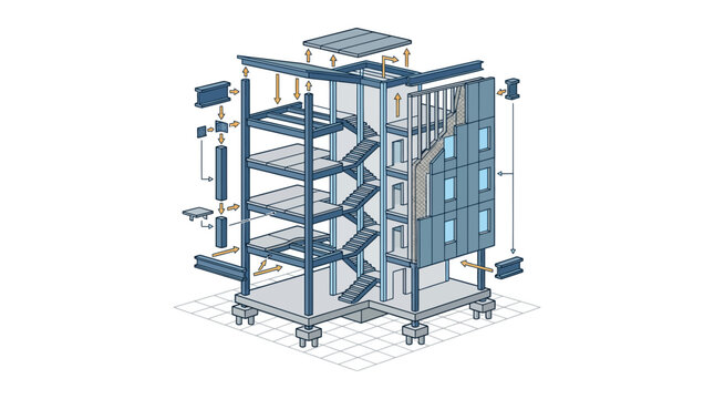 Exploded view of industrial vertical farm system components.