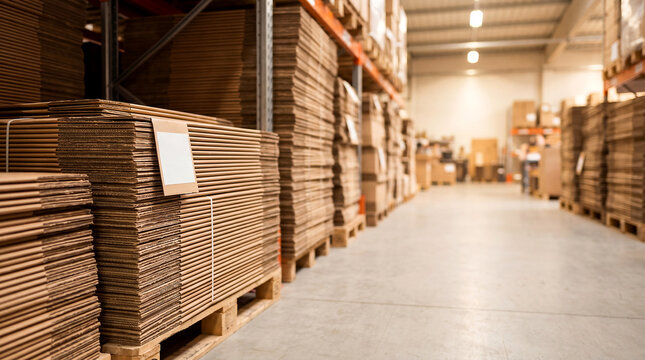Flat packed cartons in warehouse with copy space on right